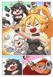  6+girls :d ^_^ ^o^ bare_shoulders black_dress black_eyes black_hair blonde_hair blue_eyes boo bowsette bracelet breasts brown_eyes brown_hair bullet_bill chain chain_chomp cleavage closed_eyes collar comic commentary_request crown dress eyeliner facial_hair gloves gooster hat highres jewelry long_hair luigi luigi's_mansion makeup mario mario_(series) multiple_boys multiple_girls mustache new_super_mario_bros._u_deluxe off-shoulder_dress off_shoulder open_mouth peeking_out ponytail princess_chain_chomp princess_king_boo red_hood sharp_teeth shy_gal silent_comic smile spiked_bracelet spiked_collar spikes super_crown super_mario_bros. teeth white_dress white_gloves white_hair 