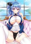  ahoge azur_lane bangs bare_shoulders black_panties blue_hair blush breasts cleavage commentary_request day dress dress_lift elbow_gloves eyebrows_visible_through_hair garter_straps gloves hair_between_eyes indoors large_breasts licking_lips long_hair looking_at_viewer nekomiya_noru_(yuduki710) panties purple_eyes ribbon side-tie_panties sidelocks skindentation smile solo st._louis_(azur_lane) thighhighs tongue tongue_out underboob underwear untied untied_panties white_gloves white_legwear window 