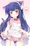  animal_ears apron black_panties blue_hair cat_ears commentary_request dress dress_lift garter_straps highres idolmaster idolmaster_cinderella_girls lifted_by_self long_hair maid maid_headdress neko_pan open_mouth panties pink_dress polka_dot polka_dot_panties red_eyes sajou_yukimi short_dress solo thighhighs thighs underwear white_legwear 