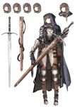  armor belt buckle character_sheet claymore_(sword) cloak commentary expressions full_body gauntlets grey_hair highres holding holding_weapon hood jewelry jun_(seojh1029) long_hair necklace original red_eyes scabbard sheath solo sword weapon 