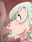  1girl :&gt;= ahegao blue_eyes blush breath censored cheek_bulge cum cum_in_mouth cum_in_nose ejaculation elizabeth_liones fellatio from_side green_hair head_only heavy_breathing highres long_hair mosaic_censoring nanatsu_no_taizai nose oral out_of_frame penis rolling_eyes saliva simple_background solo_focus standing tears tei_hanpatsu_purin 