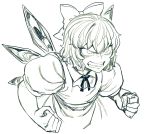  angry bow cirno clenched_hands commentary_request fangs hair_bow ice ice_wings monochrome puffy_short_sleeves puffy_sleeves ribbon short_hair short_sleeves sketch solo space_jin strong teeth touhou upper_body v-shaped_eyebrows white_background wings 