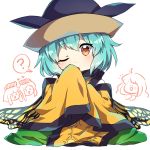  &gt;_&lt; :d ;o ? ahoge aqua_hair bangs black_hat blush butterfly_wings caramell0501 chibi chibi_inset commentary cosplay eternity_larva eyebrows_visible_through_hair green_skirt hand_up hat head_tilt heart long_hair long_sleeves looking_at_viewer matara_okina matara_okina_(cosplay) multiple_girls nishida_satono one_eye_closed open_mouth orange_eyes oversized_clothes sakata_nemuno short_hair short_hair_with_long_locks simple_background skirt sleeves_past_fingers sleeves_past_wrists smile solo_focus spoken_question_mark tabard teireida_mai touhou white_background wide_sleeves wings xd 