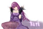  brown_legwear chiwan_hewan diadem dress fate/grand_order fate_(series) hair_between_eyes head_tilt highres holding holding_wand long_hair long_sleeves looking_at_viewer pantyhose purple_dress purple_hair red_eyes scathach_(fate)_(all) scathach_skadi_(fate/grand_order) simple_background sitting solo very_long_hair wand white_background 