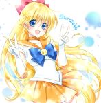  :d aino_minako bishoujo_senshi_sailor_moon blonde_hair blue_bow blue_eyes bow bowtie choker collarbone cowboy_shot double_bun elbow_gloves eyebrows_visible_through_hair floating_hair gloves hair_between_eyes hair_bow long_hair looking_at_viewer miniskirt open_mouth pleated_skirt red_bow sailor_collar sailor_senshi_uniform sailor_venus shiny shiny_hair shirataki_kaiseki shirt skirt sleeveless sleeveless_shirt smile solo sparkle standing very_long_hair white_gloves white_shirt yellow_skirt 