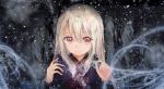  fate/stay_night fate_(series) flemare0224 hair_between_eyes highres illyasviel_von_einzbern long_hair purple_shirt red_eyes shirt silver_hair smile snowflakes snowing solo upper_body 