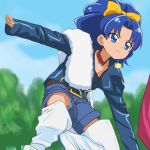  arm_support blue_eyes blue_hair blue_panties blue_shorts blue_sky bow choker cloud day earrings eyebrows_visible_through_hair hair_bow haruyama_kazunori jewelry kirakira_precure_a_la_mode long_sleeves looking_away panties panty_peek ponytail precure red_choker short_hair shorts sky sleeves_past_wrists solo tategami_aoi thighhighs underwear upshorts white_legwear yellow_bow 