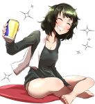  ^_^ beer_can between_legs blush bra breasts can closed_eyes commentary_request green_hair grin hand_between_legs holding holding_can indian_style ishii_takuma kawakami_sadayo medium_breasts messy_hair no_pants persona persona_5 shirt short_hair simple_background sitting sitting_on_pillow smile solo sparkle sweatdrop towel underwear white_background 