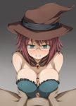  1girl bar_censor bare_shoulders between_breasts blush breast_grab breasts censored cleavage clenched_teeth cloak clothed_female_nude_male commentary_request erection frills glasses goblin_slayer! grabbing green_eyes half-closed_eyes hat hetero large_breasts looking_at_viewer medium_hair nude paizuri penis red_hair sleeveless strapless sweatdrop teeth torn_clothes trembling upper_body witch_hat wizard_(goblin_slayer!) yyi 