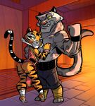  2018 amber_eyes anthro biceps big_muscles butt clothed clothing detailed_background dreamworks fabio_paulino feline female flexing fur grey_fur hand_on_chest kung_fu_panda leopard male male/female mammal master_tigress muscular muscular_male orange_eyes orange_fur pants pecs pose skimpy smile smug snow_leopard spots spotted_fur striped_fur stripes tai_lung_(kung_fu_panda) tiger topless yellow_sclera 