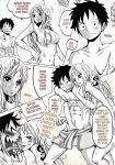  1boy 1girl bathroom breasts cleavage comic long_hair monkey_d_luffy nami_(one_piece) nude one_piece shower smile 