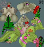  2018 anthro ares165 big_breasts breast_smother breasts butt cameron_(skunkdude13) claws digital_media_(artwork) dinosaur drooling female female_on_top gilf hair huge_breasts kiss_mark kissing larger_female lips lipstick lizard makeup male male/female mature_female nipples nude on_top reptile saliva scalie sex size_difference smile smothering teeth theropod tongue tyrannosaurus_rex 