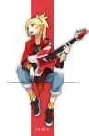  absurdres black_shirt blonde_hair blue_pants character_name collarbone dress_shirt fate/apocrypha fate_(series) full_body green_eyes guitar hair_ornament highres holding holding_instrument instrument long_hair looking_to_the_side mordred_(fate) mordred_(fate)_(all) open_clothes open_mouth open_shirt pants ponytail red_shirt shirt sitting solo takumi_chiho 