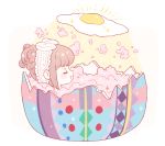  bangs bath bathing blush broken_egg brown_hair bubble_bath closed_eyes commentary easter easter_egg egg egg_yolk eggshell eleanor_(ohmyeleanor) floating floating_object food kyary_pamyu_pamyu open_mouth partially_submerged ponponpon profile sidelocks smile soap_bubbles solo sparkle sunny_side_up_egg tied_hair white_background 
