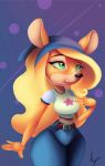  2017 anthro bandicoot belt big_ears biped black_nose blonde_hair breasts clothed clothing coco_bandicoot crash_bandicoot_(series) digital_drawing_(artwork) digital_media_(artwork) eyebrows eyelashes female fur green_eyes hair headscarf hi_res jeans long_hair looking_up mammal marsupial midriff multicolored_fur orange_fur pants portrait pose sexy_doll shirt signature simple_background smile solo standing thick_thighs two_tone_fur video_games voluptuous wavy_hair wide_hips 