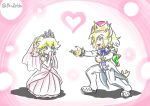  artist_name blonde_hair blue_eyes bowsette choker commentary_request covering_mouth crown dress earrings heart horns jewelry mario_(series) mimasato multiple_girls new_super_mario_bros._u_deluxe nintendo pink_background princess_peach proposal smile super_crown super_mario_odyssey turtle_shell tuxedo wedding_dress wife_and_wife yuri 
