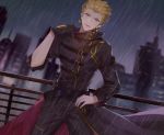 absurdres black_pants blonde_hair building dutch_angle earrings fate/stay_night fate_(series) gilgamesh gilgamesh_in_ny head_tilt highres jewelry male_focus night outdoors pants rain red_eyes rooftop solo zhongnan 