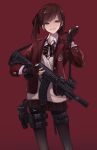  absurdres ak-12 assault_rifle bangs black_legwear blazer brown_eyes brown_hair fingerless_gloves glock gloves gun handgun highres holding holding_gun holding_weapon jacket koh_(minagi_kou) long_hair looking_at_viewer original pantyhose parted_lips pistol red red_background rifle school_uniform shirt side_ponytail skirt smile solo standing weapon white_shirt 