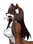  2015 anthro blush breasts brown_eyes brown_fur brown_hair canine fangs featureless_breasts female fluffy fluffy_tail fox fur hair hikagenootimsya inner_ear_fluff invalid_tag low_resolution mammal nude post_transformation simple_background snout solo tongue tongue_out transformation worried 