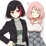 akasata bang_dream! bangs belt black_hair black_jacket blush bob_cut breasts closed_eyes grey_sweater heart jacket large_breasts leather leather_jacket long_sleeves low_twintails lowres mitake_ran multicolored_hair multiple_girls parted_lips pink_hair red_eyes red_hair ribbed_sweater short_hair simple_background skirt smile streaked_hair studded_belt sweater turtleneck turtleneck_sweater twintails uehara_himari white_background 