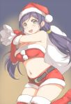  :d belt blush boots breasts christmas commentary_request crop_top deyuuku elbow_gloves fur-trimmed_boots fur-trimmed_gloves fur-trimmed_hat fur-trimmed_shorts fur_trim gloves green_eyes hair_ornament hair_scrunchie hat holding holding_sack long_hair love_live! love_live!_school_idol_project medium_breasts midriff navel open_mouth over_shoulder pom_pom_(clothes) purple_hair red_footwear red_gloves red_hat red_shorts sack santa_costume santa_hat scrunchie short_shorts shorts smile solo strapless thigh_boots thighhighs toujou_nozomi twintails yellow_scrunchie 