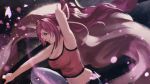  arm_up armpits bare_arms bare_shoulders blush breasts camisole cherry_blossoms cleavage commentary from_side hair_intakes hair_ribbon highres katana large_breasts long_hair midriff navel pants ponytail purple_hair red_eyes ribbon smile solo sword under_night_in-birth very_long_hair weapon yuurei yuzuriha_(under_night_in-birth) 