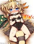  armlet bare_shoulders black_leotard blonde_hair blue_earrings blue_eyes blush bowsette bracelet clenched_teeth collar commentary_request covered_navel crown earrings eyebrows_visible_through_hair flat_chest horns jewelry leotard lying mario_(series) new_super_mario_bros._u_deluxe on_back partial_commentary ponytail rutsubo sharp_teeth short_hair solo spiked_armlet spiked_bracelet spiked_collar spikes super_crown tail tears teeth twitter_username younger 