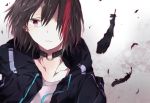  bang_dream! black_feathers black_hair choker ear_piercing feathers hair_over_one_eye higano_(higano25) hood hooded_jacket hoodie jacket mitake_ran multicolored_hair piercing red_eyes short_hair solo streaked_hair upper_body 