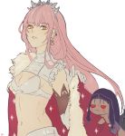  bra breasts brown_eyes cape cleavage cu_chulainn_alter_(fate/grand_order) diadem earrings eyebrows_visible_through_hair fate/grand_order fate_(series) floating_hair fur_trim holding_cape jewelry lancer long_hair medb_(fate)_(all) medb_(fate/grand_order) medium_breasts midriff mini_cu-chan navel parted_lips pink_hair red_cape shino_(mufn5785) shiny shiny_hair simple_background skirt stomach underwear very_long_hair white_background white_bra white_skirt 