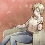  aqua_eyes arm_support blonde_hair blue_pants breasts commentary_request eve_bolan kiriko_edo medium_breasts pants parted_lips short_hair sitting solo spice_and_wolf 