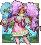 blush commentary_request creature dakusuta dark_skin dress highres long_hair looking_at_viewer meredy outside_border outstretched_arm pantyhose pink_legwear purple_eyes purple_hair quickie smile solo tales_of_(series) tales_of_eternia tree twintails waving 