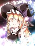  bangs black_hat blonde_hair bow braid closed_mouth eyebrows_visible_through_hair eyes_visible_through_hair fingernails gokuu_(acoloredpencil) hair_bow hat hat_bow highres kirisame_marisa long_hair looking_at_viewer orange_eyes purple_bow side_braid smile solo star touhou turtleneck upper_body white_bow witch_hat 