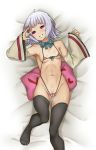  ahoge ass_visible_through_thighs bangs bed bed_sheet bikini black_legwear breasts commentary_request detached_sleeves fingernails from_above hair_ornament heart heart_hair_ornament hidekichi_(09075470338) highres long_sleeves looking_at_viewer lying micro_bikini moemi moemi_&amp;_yomemi_channel navel neck_ribbon nipples on_back parted_lips pubic_hair purple_eyes pussy ribbon ribs shiny shiny_hair short_hair small_breasts smile solo sweat swimsuit teeth thighhighs virtual_youtuber white_hair wide_sleeves 