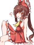 ? areola_slip areolae ascot bangs bare_shoulders bow breasts brown_hair dated frilled_bow frilled_skirt frills gokuu_(acoloredpencil) hair_bow hair_tubes hakurei_reimu long_hair no_bra open_mouth orange_eyes pleated_skirt ponytail red_bow red_skirt sideboob sideways_mouth simple_background sitting skirt solo sweat touhou white_background yellow_neckwear 