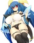  absurdres bad_id bad_twitter_id black_legwear black_panties blue_hair blush breasts cleavage closed_mouth detached_collar detached_sleeves dizzy guilty_gear hair_ribbon highres huge_breasts long_hair panties plump red_eyes ribbon simple_background slugbox smile solo standing tail tail_ribbon thighhighs twintails underwear white_background wings yellow_ribbon 
