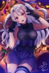  :p alternate_costume antenna_hair azur_lane bangs black_gloves blush breasts brown_eyes candy commentary dress eyebrows_visible_through_hair fishnet_legwear fishnets food gloves hair_between_eyes halloween kodama_(koda_mat) large_breasts leg_garter long_hair looking_at_viewer lying multicolored_hair on_floor open_mouth prinz_eugen_(azur_lane) pumpkin red_hair signature silver_hair smile solo streaked_hair thighhighs tongue tongue_out two_side_up very_long_hair 