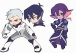  2girls black_hair bodysuit brown_eyes facial_mark grey_eyes keith_(voltron) krolia mechanical_arm miyata_(lhr) multicolored_hair multiple_girls pink_hair pointy_ears purple_eyes purple_hair spoilers takashi_shirogane two-tone_hair upper_body voltron:_legendary_defender white_hair yellow_sclera 