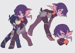  1girl bent_over black_hair bodysuit facial_mark grey_eyes hug keith_(voltron) krolia miyata_(lhr) mother_and_son multicolored_hair open_mouth pink_hair pointy_ears purple_eyes purple_hair purple_skin spoilers two-tone_hair voltron:_legendary_defender yellow_sclera 