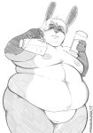  2017 anthro black_nose blue_eyes blush deep_navel digital_drawing_(artwork) digital_media_(artwork) double_chin featureless_crotch fur grey_fur hair lagomorph looking_at_viewer love_handles male mammal mangolynx milk moobs navel nipples nude obese obese_male overweight overweight_male rabbit simple_background smile solo thick_thighs white_background white_fur 