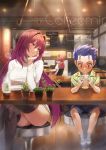  2boys age_difference astolfo_(fate) black_legwear blue_hair blush breasts cafe chin_rest crossed_legs drinking fate/grand_order fate_(series) highres lancer large_breasts long_hair looking_at_another multiple_boys nose_blush plant potted_plant purple_hair rainmaker red_eyes ribbed_sweater scathach_(fate)_(all) scathach_(fate/grand_order) shorts sitting smile stool sweater thighhighs thighs very_long_hair white_sweater younger 