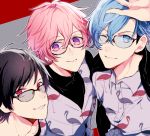  ;) aizome_kento animal_print ashu_yuuta b-project bird_print black-framed_eyewear blue_eyes blue_hair brown_hair glasses hand_up kaneshiro_goushi looking_at_viewer multiple_boys noki418 one_eye_closed parted_lips pink_hair red_eyes simple_background smile thrive upper_body 