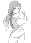  blush breasts clenched_hand cowboy_shot deyuuku expressionless eyebrows_visible_through_hair greyscale large_breasts long_hair love_live! love_live!_school_idol_project monochrome no_pants scrunchie shirt short_sleeves simple_background solo stretch toujou_nozomi twintails white_background 