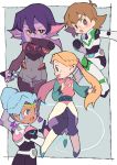  :d :o absurdres blonde_hair blue_eyes bodysuit braid brown_eyes brown_hair dark_skin earrings facial_mark glasses hair_bun highres jewelry knife krolia miyata_(lhr) multicolored_hair multiple_girls open_mouth pants pidge_gunderson pink_eyes pink_hair pointy_ears princess_allura purple_eyes purple_hair purple_skin romelle smile twintails two-tone_hair voltron:_legendary_defender white_hair yellow_sclera 