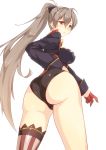  1girl artist_request ass azur_lane blush breasts brown_hair curvy from_behind from_below gloves hips huge_ass jean_bart_(azur_lane) large_breasts legs long_hair looking_at_viewer looking_down ponytail red_eyes shiny shiny_clothes shiny_hair shiny_skin short_shorts shorts sideboob single_thighhigh solo striped striped_legwear thick_thighs thighhighs thighs very_long_hair wide_hips 