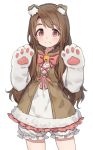  :3 animal_ears bell bloomers bow bowtie brown_eyes brown_hair cowboy_shot eyebrows_visible_through_hair fur_trim gloves hands_up highres idolmaster idolmaster_million_live! idolmaster_million_live!_theater_days jingle_bell long_hair looking_at_viewer miyao_miya paw_gloves paws shone simple_background smile solo thick_eyebrows underwear white_background 