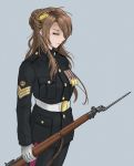  bayonet black_legwear braid brown_hair closed_eyes french_braid from_side girls_frontline gloves grey_background gun hair_over_one_eye holding holding_gun holding_weapon lee-enfield lee-enfield_(girls_frontline) long_hair military military_uniform rifle sidelocks solo specterz uniform weapon white_gloves 