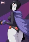  1girl ass bigdead93 black_hair black_leotard breasts cape dc_comics gloves leotard raven_(dc) short_hair solo teen_titans 