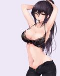  armpits arms_behind_head arms_up bangs bare_shoulders black_bra black_hair black_panties black_pants blush bra breasts cleavage collarbone commentary hair_between_eyes high_ponytail highres hips idolmaster idolmaster_shiny_colors lace lace-trimmed_bra large_breasts long_hair looking_at_viewer mouth_hold navel panties pants ponytail ryuu. shirase_sakuya simple_background solo tying_hair unbuttoned_pants underwear yellow_eyes 