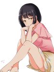  arms_between_legs artist_name bangs bare_legs barefoot black_hair casual chin_rest closed_mouth commentary crossed_ankles eyebrows_visible_through_hair floral_print hand_on_own_chin hand_on_own_face idolmaster idolmaster_cinderella_girls knees_up legs looking_at_viewer pink_shirt shirt short_hair sidelocks simple_background sitting skirt smirk smug solo susutaketakumi takafuji_kako toes_out_of_frame white_background wide_sleeves yellow_eyes yellow_skirt 