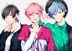  aizome_kento ashu_yuuta b-project black_hat black_jacket blue_eyes blue_hair brown_hair green_shirt hands_up hat jacket kaneshiro_goushi long_sleeves male_focus multiple_boys noki418 pink_hair purple_eyes red_eyes shirt simple_background thrive upper_body v 